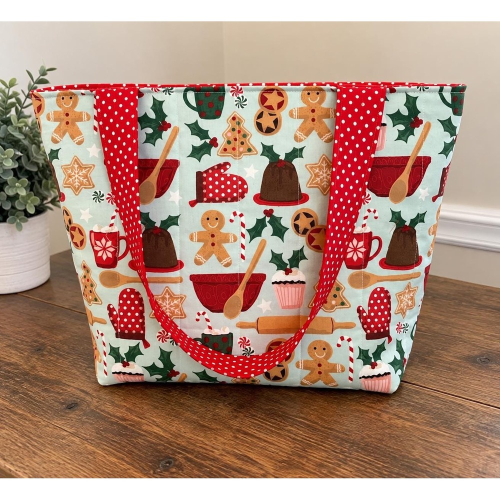 Handmade Christmas Gingerbread Quilted Tote Bag Mint Red Polka Dot Holiday